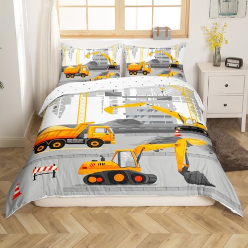 Loussiesd Bagger Bettwäsche Set 135x200cm Baufahrzeug Auto Bettbezug Zeichentrickfahrzeug Baufahrzeug Fahrzeugdruck Betten für Kinder Jungen Mädchen Bettwäsche-Set Weich Grau Gelb
