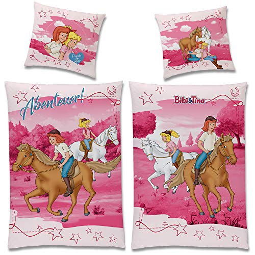 Bibi und Tina Biber Flanell Kinder Wende-Bettwäsche Abenteuer 135x200cm + 80x80cm mit YKK-Reißverschluss 100% Baumwolle Blocksberg Tina Pferde-Bettwäsche Sabrina Amadeus Martinshof Deutsche Größe