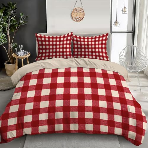 SMBHIAON Rot Karierter Stoff Bettwäsche 135×200Cm 2-Teilig Bettbezug - Karierter Stoffstil Bettwäsche-Set 135×200Cm Und 1 Kissenbezug 80X80Cm Mit Reißverschluss Dunkelrot Bettwaren Weich Leicht