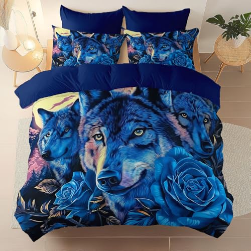Bettbezüge Set, Fantasie Wolf Mond Rose Muster Bedruckt Bettbezug Mit Reißverschluss, Dunkelblau Weiche Mikrofaser Bettwäsche Set 180 x 200 cm, 3 Stück Set Pflegeleicht Weich