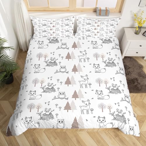 Loussiesd Niedlich Eule Bettwäsche Set 135x200cm Fuchs, Eule und Waldtiere Bettbezug Kawaii Tier Weiß Betten Kinder Mädchen Jungen Bettwäsche-Set