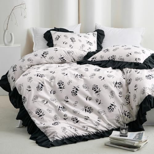 Covebett Bettwäsche 135x200 Blumen Schwarz Weiß mit Rüschen Romantische Bettwäsche Set Blümchen Vintage Blumenmuster Mikrofaser Einzelbett Bettbezug und Kissenbezug 80x80cm Reißverschluss