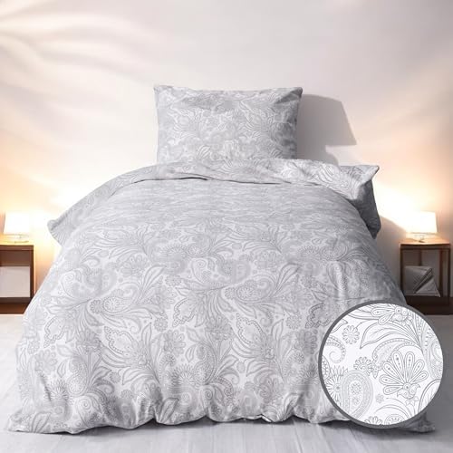 LINKHOFF Biber Bettwäsche 135x200cm - 2tl. Blumenmuster in Grau Weiß - Winterbettwäsche 100% Baumwolle - Bettwäsche-Set Aesthetic Zweige Floral Paisley