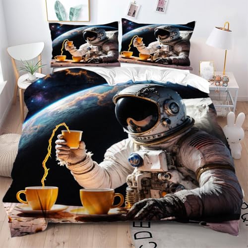 ZZXHG Bettwäsche 200x200 Astronauten-Kinder, 3 Teilig Atmungsaktive Mikrofaser Bettbezug Set, Bettbezüge mit Reißverschluss + 2 Kissenbezug 80x80 cm_A5285