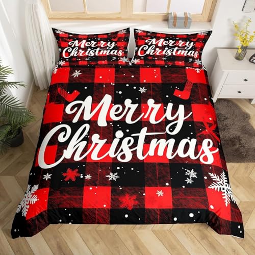 Hiseng Mikrofaser Bettwäsche Set, 3D-Weihnachts-Druck Bettbezug 2/3er Set Weiche Bettwäsche-Sets mit 1/2 Kissenbezug, Bettbezug für Einzelbett und Doppelbett (Rot-Schwarz Kariert 1,220x240cm)