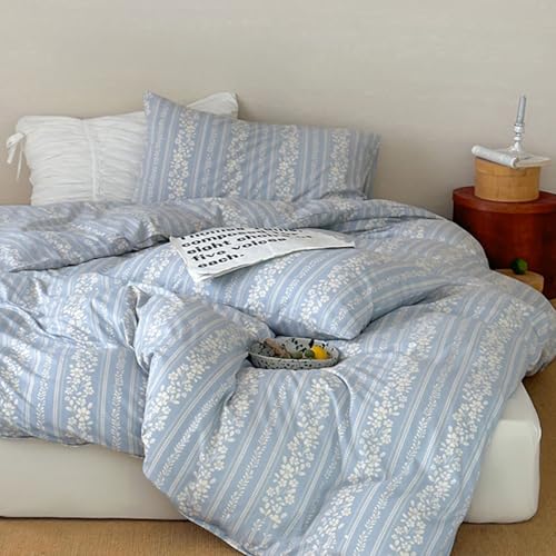 Lanqinglv Bettwäsche 135x200 cm Blau Weiß Blumen Blätter Wende Bettwäsche für Allergiker,Aesthetic Bettwäsche Set ÖKO-TEX Bettbezug mit Reißverschluss und 1 Kissenbezug 80x80 cm