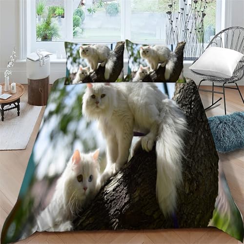 BettwäSche 155x220 weiße Katze Bettbezug Set 3 Teilig Langhaarige Katze Flauschig BettbezüGe und 2 Kissenbezug 80x80, Allergiker BettwäSche-Sets Weiche Microfaser mit ReißVerschluss ba567