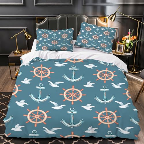 RFFLUX 3D Anker Bettwäsche 155x220 cm 2teilig Microfaser Bettwäsche Maritime Bettbezüge Sommer Weich und Angenehme Bettbezug Set mit Kissenbezug 80x80 cm?Stil 101-12?