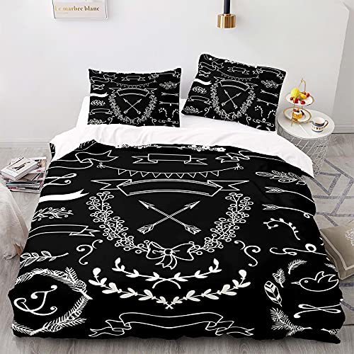 Meimall Jugendbett-Set, Kinderbettwäsche, Schwarz Und Weiß Pfeil Pflanze Kunst 260X220 cm Für Jungen Und Mädchen, Teenager-Bettwäsche-Set, 3D-Digitaldruck Polyesterfaser Ist Super Weich