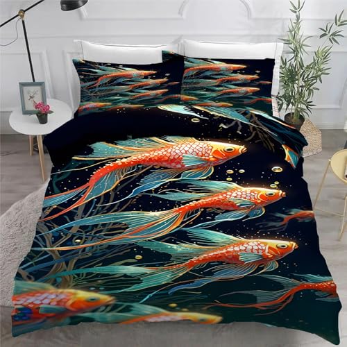 YZQGLHP Bettbezüge 135x200 Fisch Bettwaesche Koi-Karpfen Bettbezug Mikrofaser 3teilig Bettwäsche Weich Atmungsaktiv und 2 Kissenbezüge 80x80 cm mit Reißverschluss