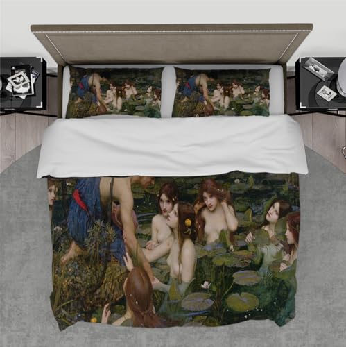 DINGSION William Waterhouse Style Bettwäsche-Set 3-teilig Hylas und die Nymphen Atmungsaktives Schlafzimmer-Bettwäsche- Set mit 2 Kissentüchern Reißverschluss 4 Bänder 135 x 200 cm