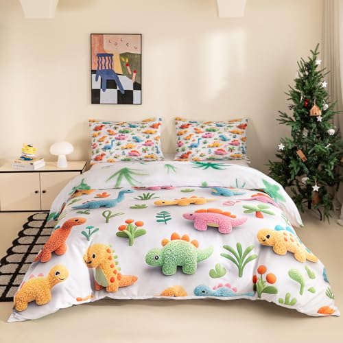 YUTNSAN Dino Bettwäsche 135x200cm Kinder 5D Cartoon Dinosaurier Muster Bettbezug Bunt Weich Mikrofaser Wendebettwäsche Set für Mädchen Jungen mit Kissenbezug 40x80cm