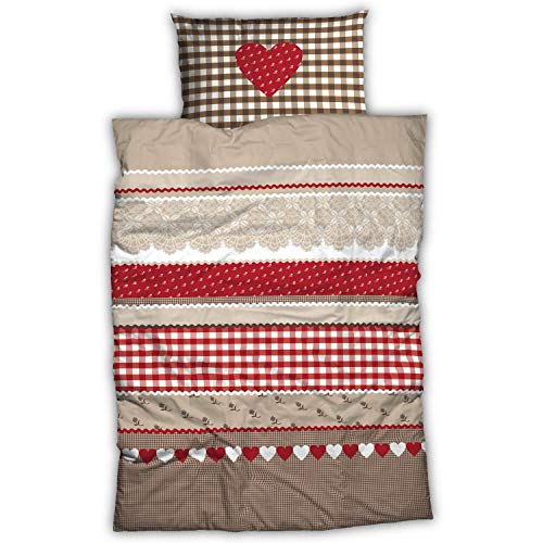 CASATEX Renforcé Bettwäsche Landhaus Rot Braun Baumwolle Herz Karo Kariert Romantik, Größe:200 cm x 200 cm