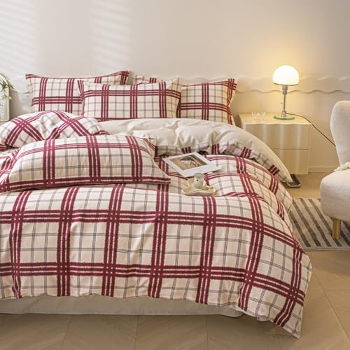 Covebett Bettwäsche 135x200 Braun Beige Kariert Landhausstil Wendebettwäsche Set Aesthetic Modern Karo Rot Karomuster Muster Renforce Microfaser Bettbezug und Kissenbezug 40x80cm Reißverschluss