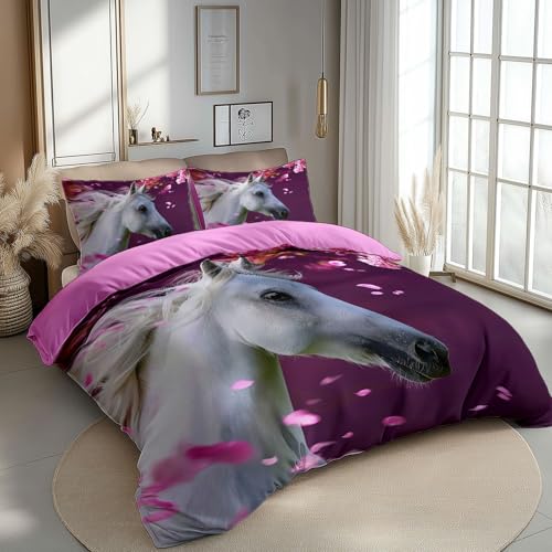 Bettwäsche Set 135 x 200 cm Tiere Pferde Fliegende Kirschblüten 2 teilig Bettbezug Allergiker Weich Bügelfrei Microfaser für Kinder Teens, Bettbezug mit 1 Kissenbezüge 80x80 cm, Lila Rosa Bettwäsche Set 135 x 200 cm Tiere Pferde Fliegende Kirschblüten 2 teilig Bettbezug Allergiker Weich Bügelfrei Microfaser für Kinder Teens, Bettbezug mit 1 Kissenbezüge 80x80 cm, Lila Rosa