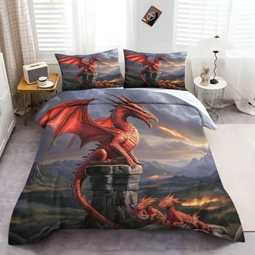 CozyRest Luxus Mythisch Antik Bettwäsche Set, 100% Mikrofaser Majestätischer Roter Drache 135x200 cm Bettbezug, 3-teilig, Antiallergisch, Schlafkomfort für Einzelbett, Weich, Hautfreundlich