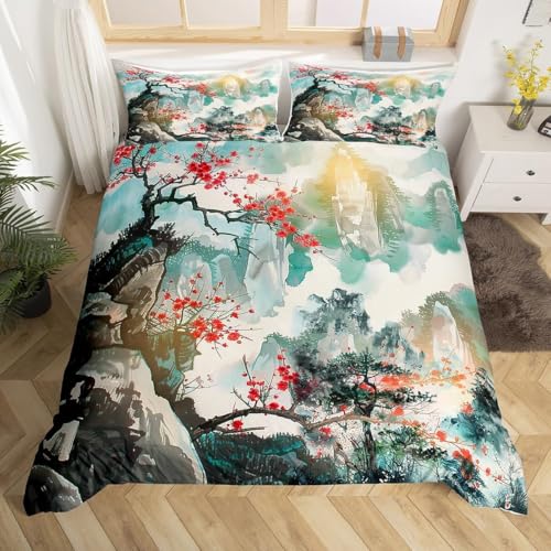 Bettwäsche 155x220 Japanischer Stil Bettwäsche-Sets Orientalisches Asien Bettbezug mit Reißverschluss 3D Weiche Mikrofaser Bettbezüge mit 2 Kissenbezüge 80x80 cm A-6928