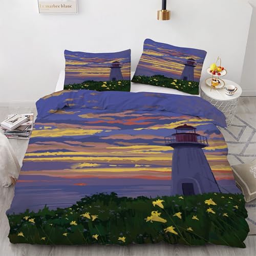 Bettwäsche 240x260 Leuchtturm Bettbezug Landschaft Bettwäsche Sets, Weiche Mikrofaser Bettbezüg Set 3 Teilige mit 2 Kissenbezügen 80x80 mit Reißverschluss Eckbinder -KG4080