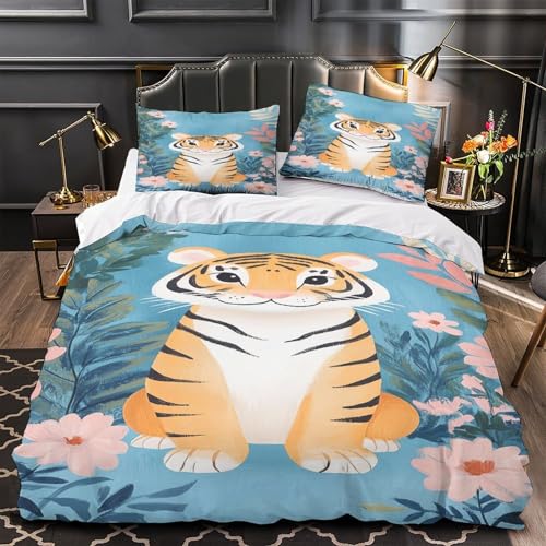 RJAVAGFZL Niedliche Tigerillustration 3D-Bedruckt 3er-Set Kuschelbezug Cartoon-Tierkunststil Bettdeckenbezug Mikrofaser Hypoallergen Atmungsaktiv für Mädchen Männer Frauen Single (135x200cm)