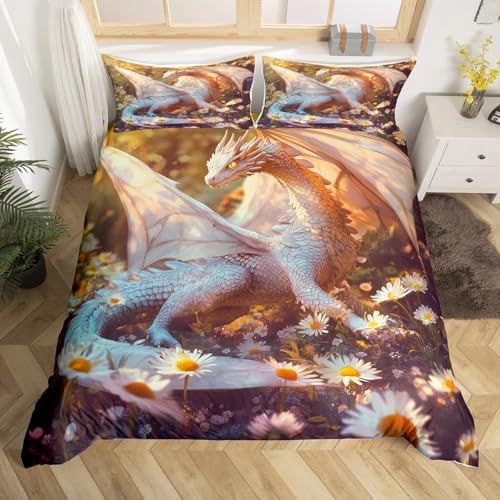 Drachen Bettbezug 155x220,Safari Tiere Gedruckte Bettwäsche Sets für Schlafzimmer,Wald Wildlife Zimmer Dekor Unten Tröster Abdeckung,Gelbe Weiße Daisy Blumen Kinder Jungen Bett Set Kein Tröster