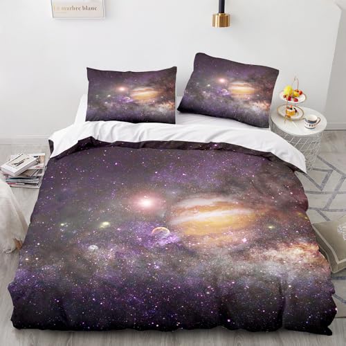 Lukery 3D-Sternenhimmel-Druck Bettwäsche Set, Bettbezug 2/3er Set, Weiche Mikrofaser Bettwäsche-Sets mit 1/2 Kissenbezug, für Einzelbetten, Doppelbetten (Violett Gelb,220x260cm)