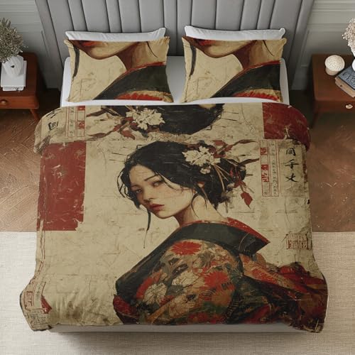 Bettwäsche 220x240 Japanische Geisha, Mikrofaser Bettbezug, Orientalisch Asiatisch Muster Schlafzimmer Deko, Weich Bettwäsche-Sets 3Teilig mit Reißverschluss und 2 Kissenbezüge 80x80 (2Um12)