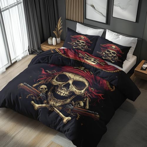 Generisch 220x240 Bettwäsche Pirat Bettbezug - 3tlg, 2 Kissenbezug 80x80, Totenkopf Muster, Schlafzimmer Deko, Weiche Mikrofaser Wendebettwäsche mit Reißverschluss - HOC591
