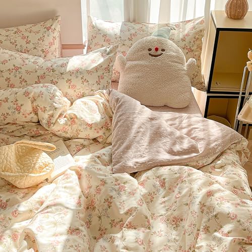 Covebett Bettwäsche 140x200 Beige Rosa Blumen Blätter Pflanzen Muster Aesthetic Bettbezug Blümchen Blumenmuster Mikrofaser Weich Wendebettwäsche Set 2teilig mit Reißverschluss und Kissenbezüge 70x90cm