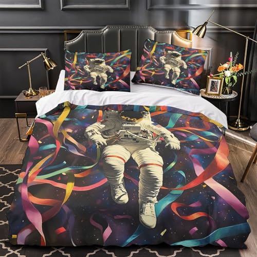 CNWRZCJXY Astronaut schwebt 3D Bedruckt Bettbezug 3teilig Mikrofaser pflegeleicht Weltraumfeier Deckenbezug 2 Kissenbezüge farbbeständig Erwachsene Paare Super King?260x220cm?