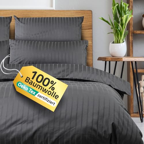 slummer Hotel Bettwäsche 135x200 4teilig anthrazit - Damast Streifen grau Baumwolle - YKK – Reißverschluss Mako Satin Bettwäsche-Sets