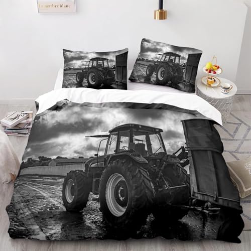 NDXRWDZR Bettwäsche 155x220 Grauer Traktor Bettwäsche-Set mit Reißverschluss Schließung für Kinder Weicher Atmungsaktive Mikrofaser Bettbezug + 2 Kopfkissenbezug 80x80 cm