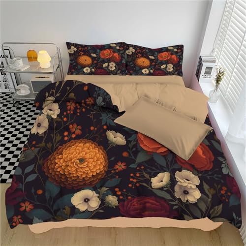 DACRWEKZ Elegante Chrysanthemenrose Bettwäsche 135×200 cm Retro-Blumenmuster - Fein-Biber Bettwäsche-Set Orange Farbe, 100% Mikrofaser,mit Reißverschluss und 1 Kissenbezüge 80x80cm