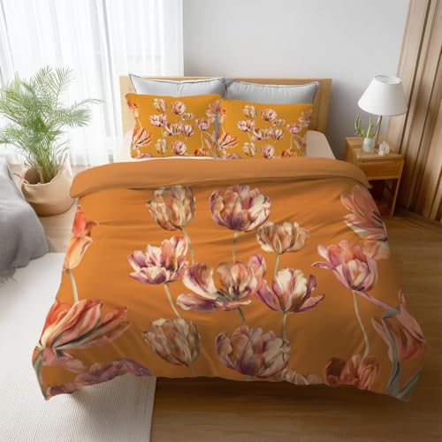 Generisch Bettwäsche Sets Karamell Orange 2teilig Bettbezug 135 x 200 cm + 1 Kissenbezug x cm, Aquarell Braun Elegant Tulpe Wendebettwäsche Reißverschluss Bügelfrei und Weich