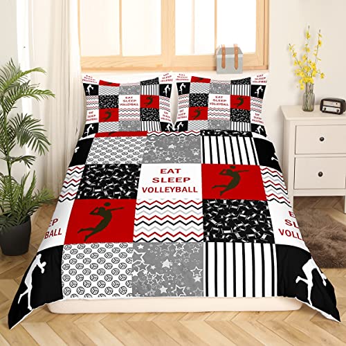 Volleyball Bettwäsche 135x200,Essen Schlaf Volleyball Spieler Bettwäsche Set Sport Spiel Bettbezug für Kinder Jungen Jugendliche Zimmer Dekor,Kariertes Gitter Patchwork Bett Set,Rot Schwarz Grau Weiß