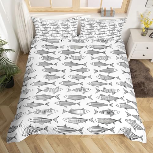 Homemissing Angeln Bettbezug Set Fisch Bettwäsche Set 155x220cm atmungsaktives weiches Meer Tier Bettwäsche-Set 2Stück Fischer Schlafzimmer Dekor
