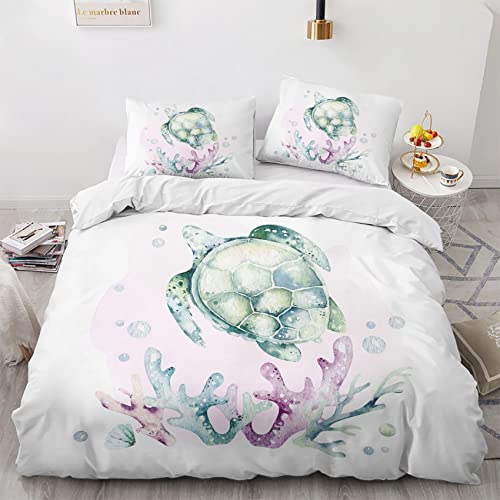 VOSILE Meeresschildkröte Bettwäsche 135x200, Maritimes Thema Muster - Weiche Microfaser Bettwäsche-Sets 2 Teilig - 1 Bettbezug mit Reißverschluss + 1 Kissenbezug 80x80 cm