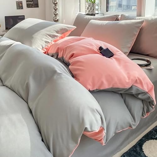 Bettbezug-Set, Pflegeleichtes Bettwäsche 200x220 Aus Mikrofaser, Wendbarer, Luxuriöser, Moderner, Schlichter Bettbezug mit Kissenbezug und Reißverschluss, Grau/Pink, Kingsize