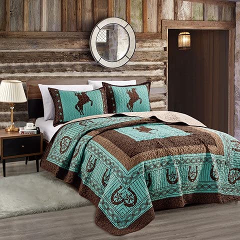 Sapphire Home 3-teiliges Bettwäsche-Set für Queen/King-Size-Betten mit 2 Kissenbezügen, Wild Horse Country/Hufeisen/Stern / Cowboy Design, Beige / Braun / Türkis Queen Quilt Set türkis