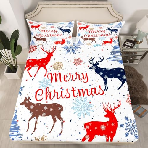 feelingyou Frohe Weihnachten Einbaublech S Größe Farbenfrohe Elch-Silhouette Bettdeckung, 1 Kissenbezug Cartoon Weihnachts Tannenbaum Schneeflocken Bettwäsche Set für Jungen