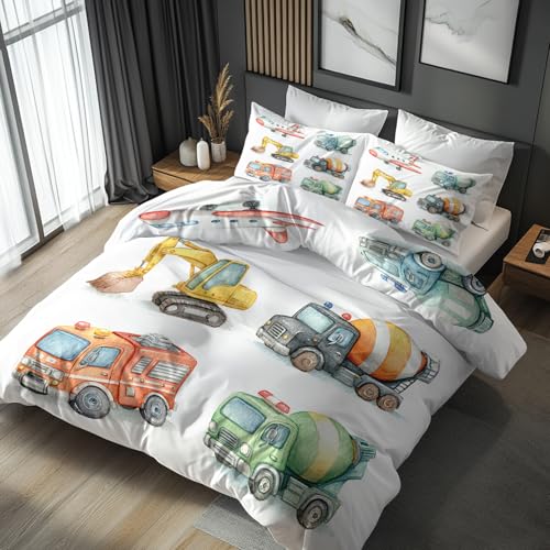 Generisch Bettwäsche 135x200 Baufahrzeug Bagger, Weiche Bügelfreie Mikrofaser Bettbezug Set 2tlg, Bagger Cartoon Auto Kinder Muster Schlafzimmer Deko, 1 Kissenbezug 80x80, mit Reißverschluss KBP88