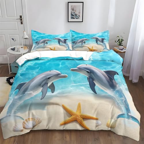 Bettbezug Tier Delfin Gedruckter Bettbezug-Set mit Kissenbezug, 240 x 260 cm Bettbezug für Jungen Mädchen Raumdekor Weich Mikrofaser bettbezug Hellblau Bettwäsche Set