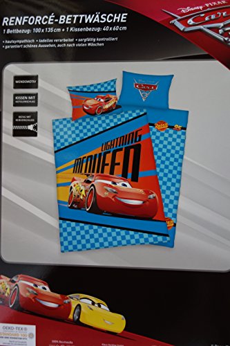 Disney Pixar Cars Kinder-Bettwäsche (Babybettwäsche), 1 x Kissenbezug 40 x 60 cm mit Hoteleinschlag und 1 x Bettbezug 100 x 135 cm mit Reißverschluss, 100% Baumwolle