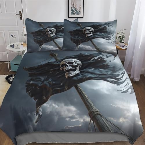 Schädel Pirate 3D Muster-Bettwäsche-Set 3teilig Mit Bettbezug Und Kissenbezug, Für Jungen Mädchen Schlafzimmer Atmungsaktiv Mikrofaser Bettbezüge Bettgarnitur Double (200x200cm)