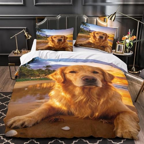 Bettwäsche 155x200 Kinder Golden Retriever Weich Mikrofaser Niedliche Haustiere Bettwäsche-Sets 3D Bettbezug 3 Teilig Bettbezüge mit Reißverschluss und 2 Kissenbezug 80x80 I.1785