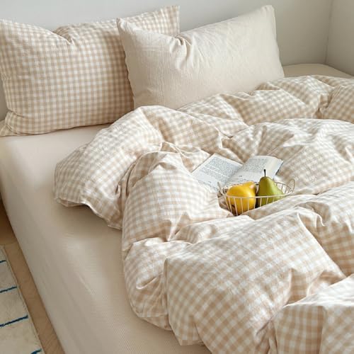 Lanqinglv Bettwäsche 200x220 cm Kariert Beige,Geometrisch Wendebettwäsche ÖKO-TEX Bettwäsche-Sets Bettbezug mit Reißverschluss und 2 Kissenbezug 80x80 cm