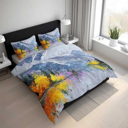 Generisch Bettwäsche 135x200 Schneeberg Bettwäsche Set, Kuschelige Microfaser Ölgemälde Wald Wendebettwäsche und 1 Kissenbezüge 80 x 80 mit Reißverschluss