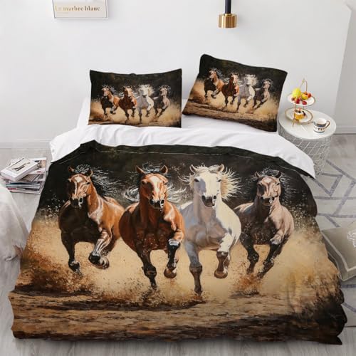 Bettbezug 220x240 cm 3D Lauf Pferd. Braun Weiß Landschaft Muster Intensive Farbe Mikrofaser Bettwäsche Warm Und Sanft Bettbezug mit ReißVerschluss Und EckbäNdern + 2 Kissenbezug 80x80 Flauschig