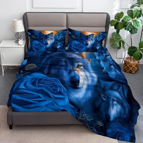 90 x 200 cm Spannbettlaken Set Marineblau, 3D Blaue Rose Wolf Mikrofaser Bettwäsche, Weiches Spannleintuch 2 Kissenbezüge, Pflegeleichtes Bettwäsche Set für Boxspringbett und Topper