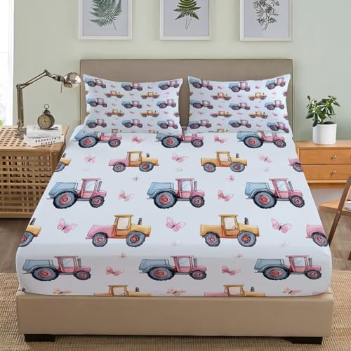 Weich Mikrofaser Spannbettlaken 180x200cm Cartoon-Traktor Atmungsaktive Spannbetttuch und 2 Kissenbezüge Tiefe Tasche 30cm Hellblau Hypoallergen Bettwäsche-Sets für Kinder