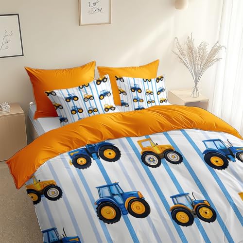 Ganzjahres 3 Teilig, Gestreifter Traktor Im Cartoon-Stil 155 x 220 cm Bettwäsche Orange Farbe, aus Weich und Bügelfrei Mikrofaser mit Reißverschluss, für Allergiker geeignet Deckenbezug mit